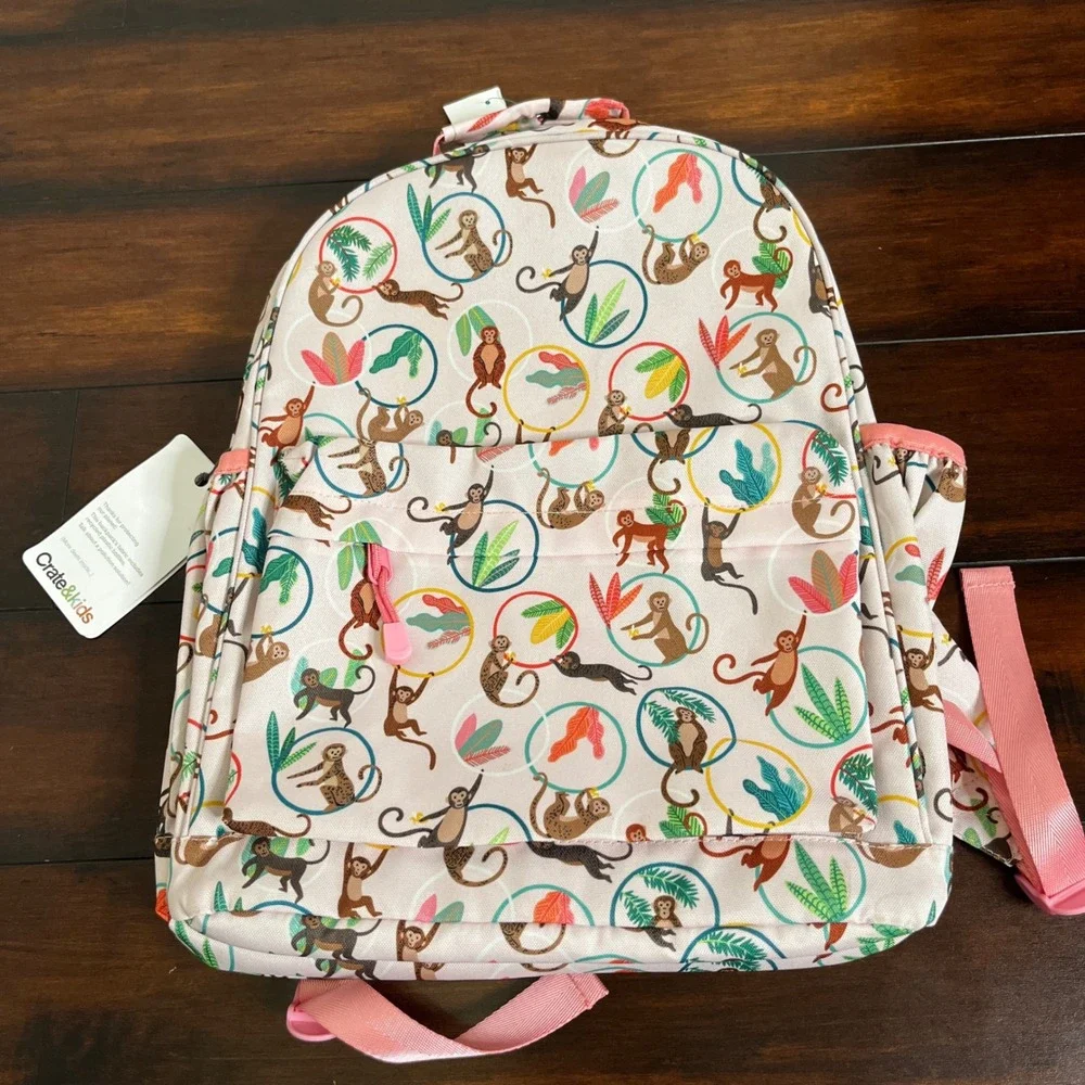 NWT Crate and Barrel Crate & Kids Cheeky Monkey Kids Backpack Side Pockets Large